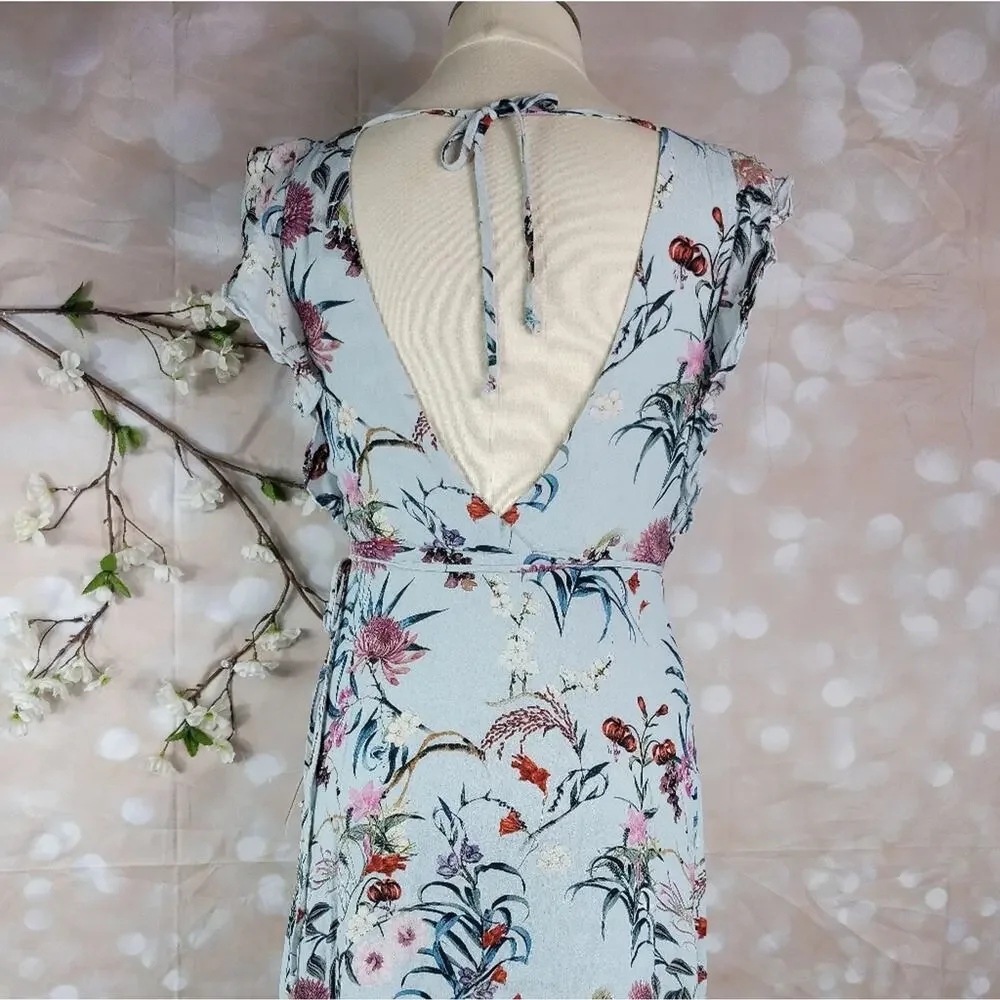WILLOW & CLAY Blue Granny Floral Print Wrap Midi Dress Ruffle Sleeve Boho Chic